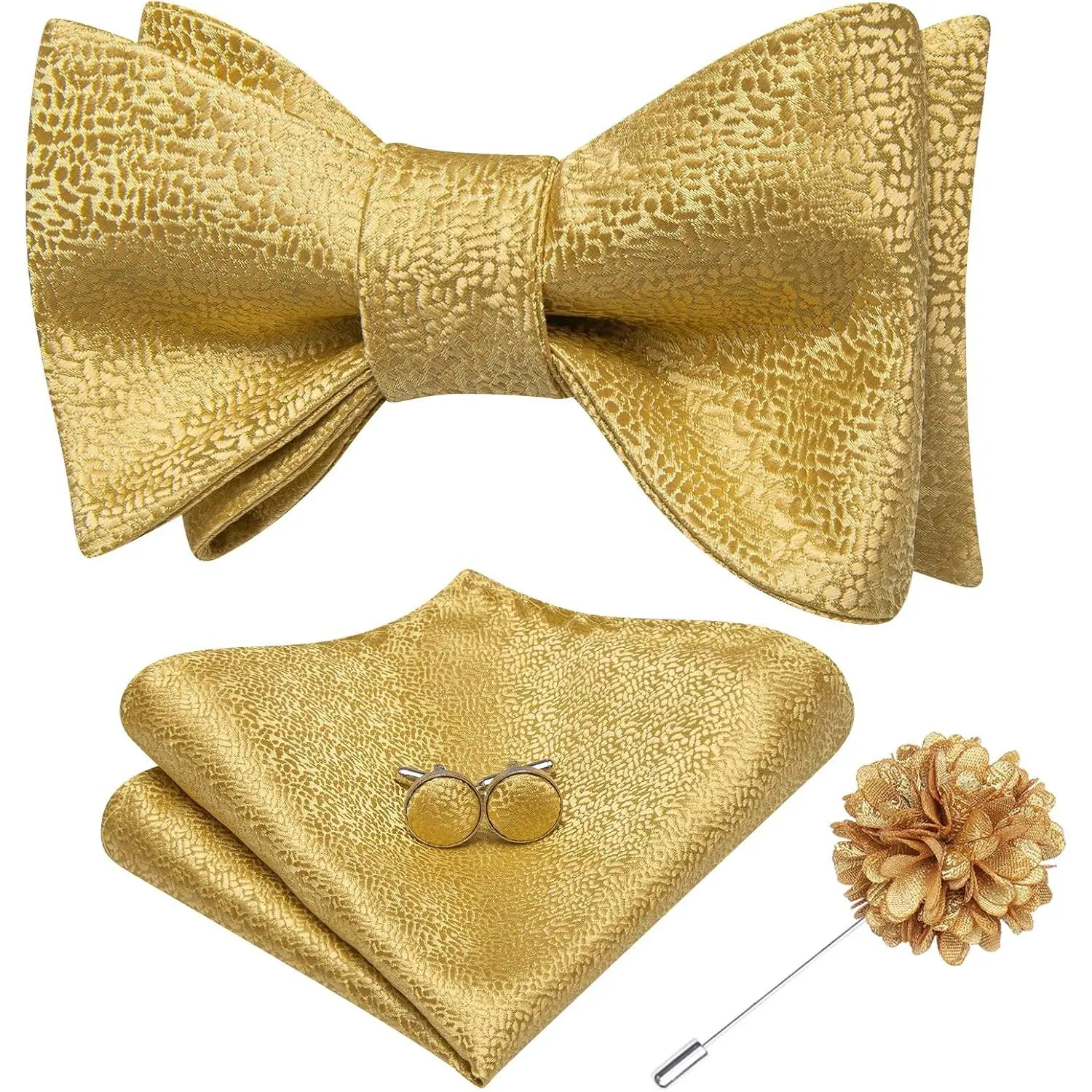 Hi-Tie Silk Gold Selftied Bowties Lapel Pin Set Golden Formal Bow Ties Pocket Square Cufflinks Sets for Wedding Tuxedo