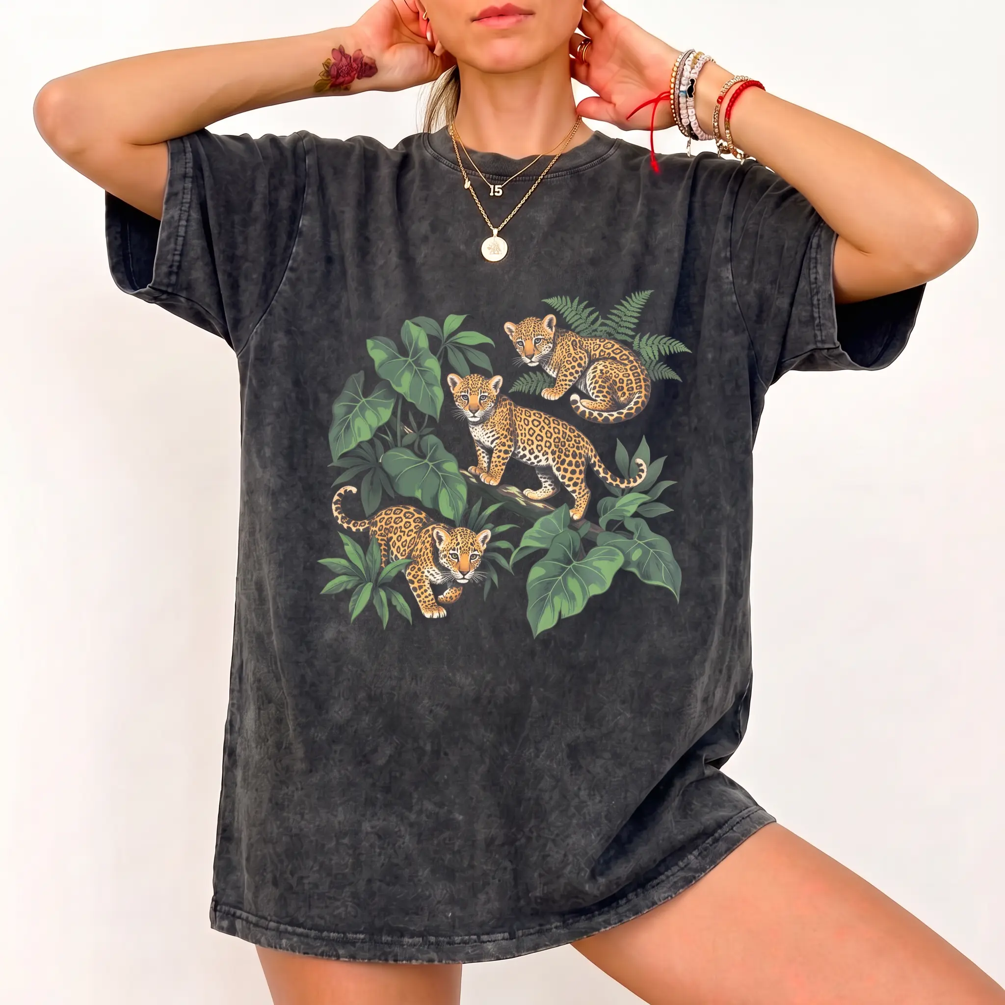 Leopard Cubs Shirt 90s Vintage Jungle Wildlife Graphic Nature Lover Acid Wash Mineral Wash Short Sleeve Crew Neck Top Cotton Favorite Tee Retro Cute Style Apparel Menswear