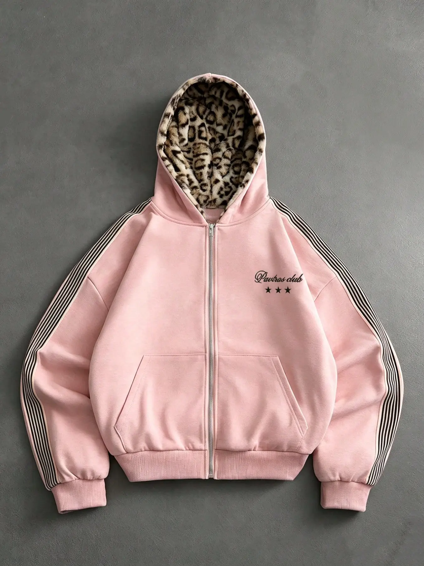 Men's Fashion Retro Leopard Print Hoodie, Fleece Full Zip Jacket, Side Striped Embroidery, Soft Comfortable, Casual Daily Wear