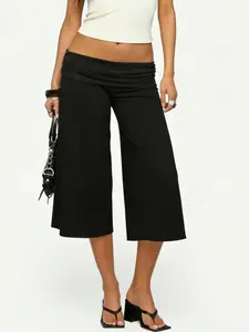 Soft Girl Fold Over Low Waist Stretch Capri Wide Leg Culottes Solid Black Ruched Front Loose Loungewear Pants great for home relaxation casual dinner dates indoor layering and all-day comfy everyday wear