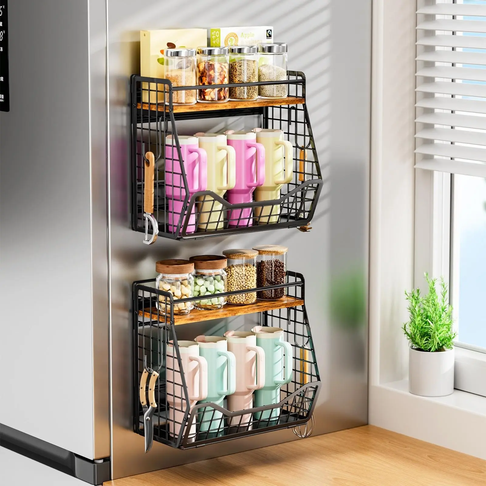 1/2 set, magnetic cup holder,Hanging refrigerator storage rack,Wall-mounted cup rack,Spice rack, fruit basket,With a hook,No drilling required,Foldable storage basket,Refrigerator and Washing Machine Side Storage Rack Set,Easy Installation