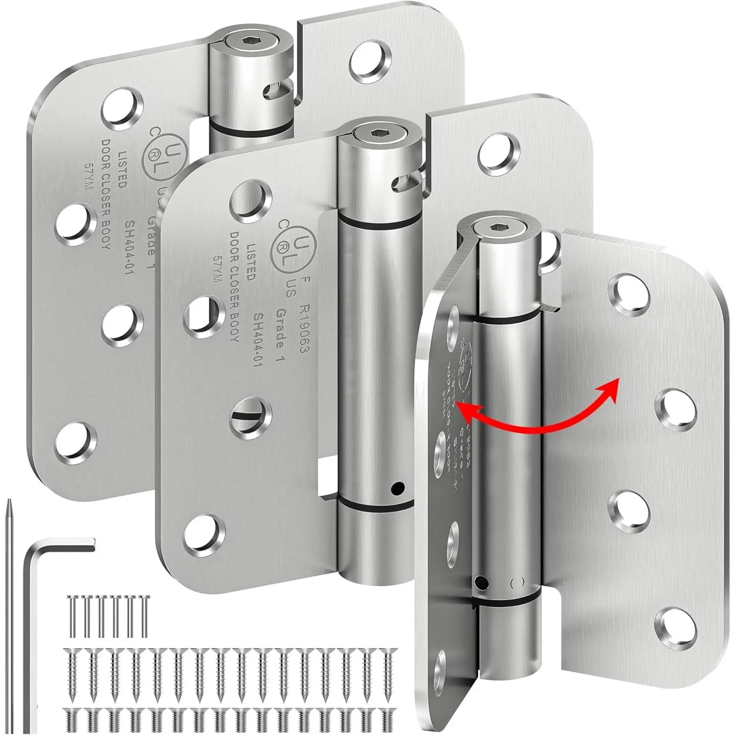 Brushed Nickel 3-Pack 4-Inch Self-Closing Spring-Loaded Door Hinges, Adjustable Tension, 5/8'' Radius Corners, UL Listed, Solid Steel, Soft Close, Pre-Drilled Holes, Mounting Screws for Exterior Garage, Interior Doors, Spring Mechanism