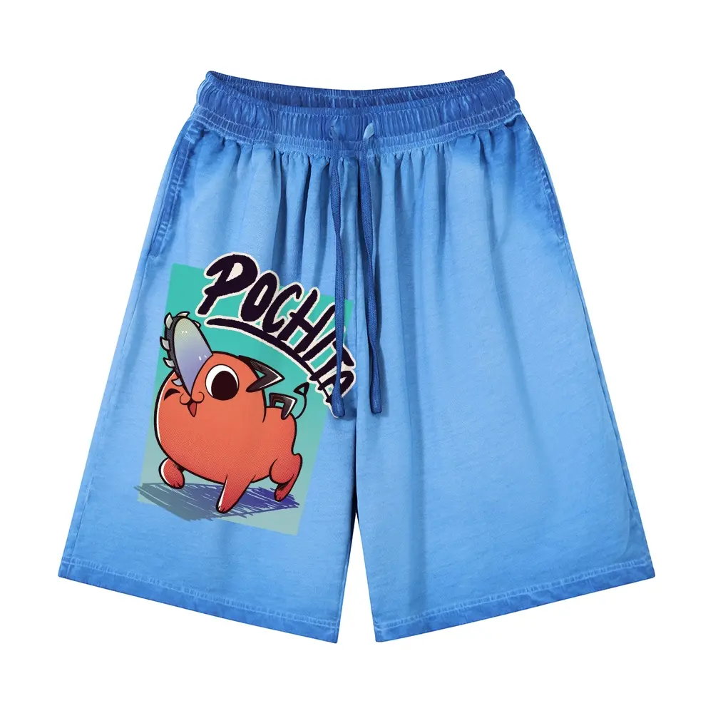 Acid Washed Oversized Y2K Anime Graphic Shorts, Bright Teal Square Frame Cute Orange Cartoon Creature Bold Graffiti Text Side Print Jogger Shorts, Vintage Grunge Streetwear, 100% Cotton Unisex Drawstring Shorts