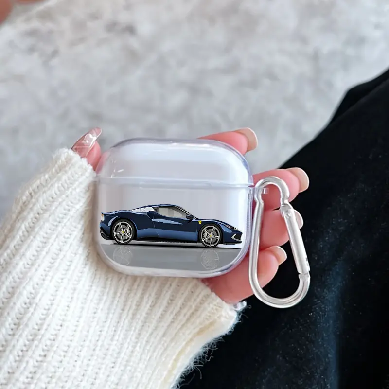 Blue Sports Car Pattern Protective Case for AirPods 4/3/2/1/Pro/Pro2 Soft TPU Earphone Cover, Transparent with Keychain