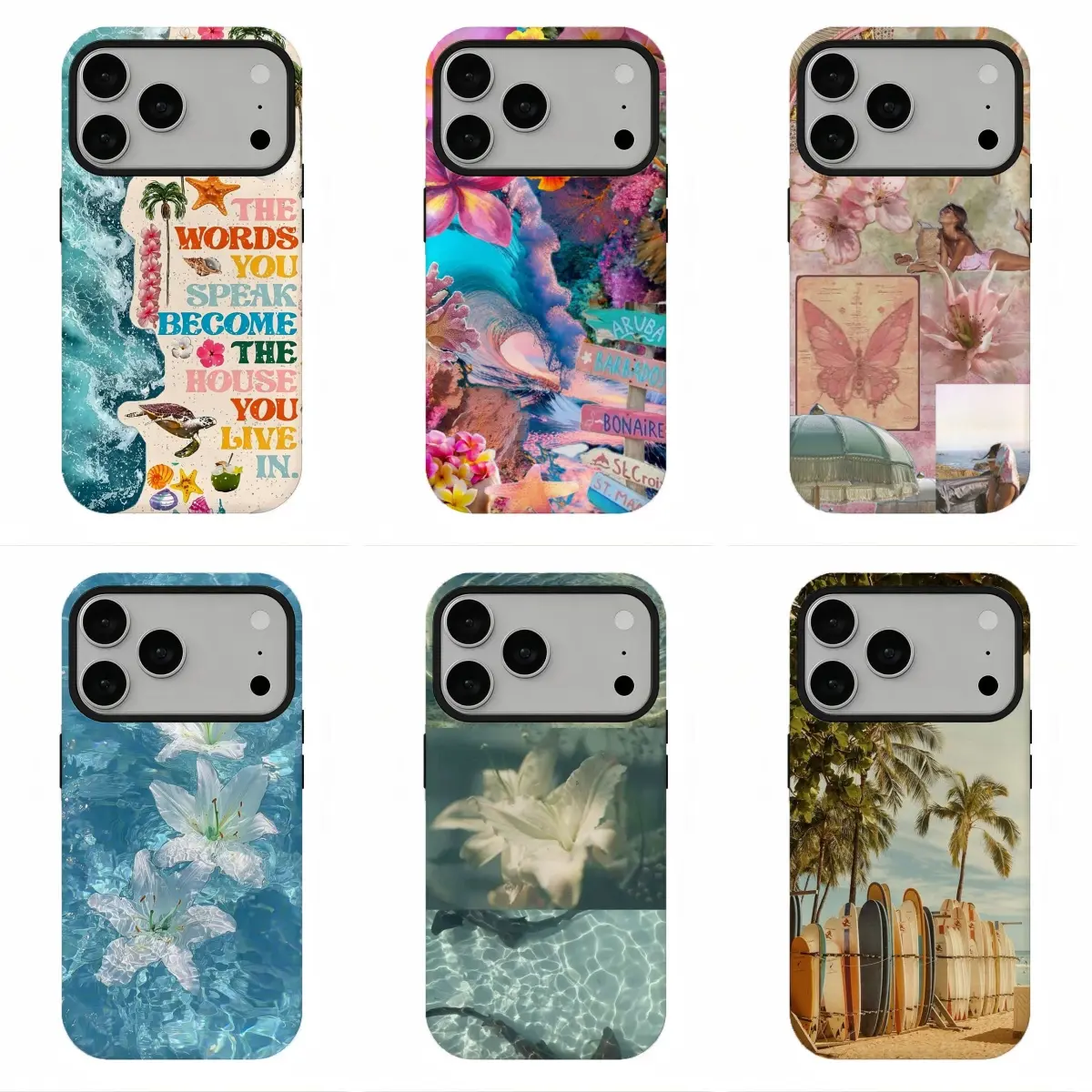 Boho Slim Fit Phone Case - Multi-Model Cover with Underwater Palm, Lily Collage, Tropical Shell & Positive Quote Art, Compatible for iPhone 17ProMax-11 & Samsung S26-S21, Cute Ethereal Dreamcore Coastal Accessories, Men's Holiday Gift Accessory