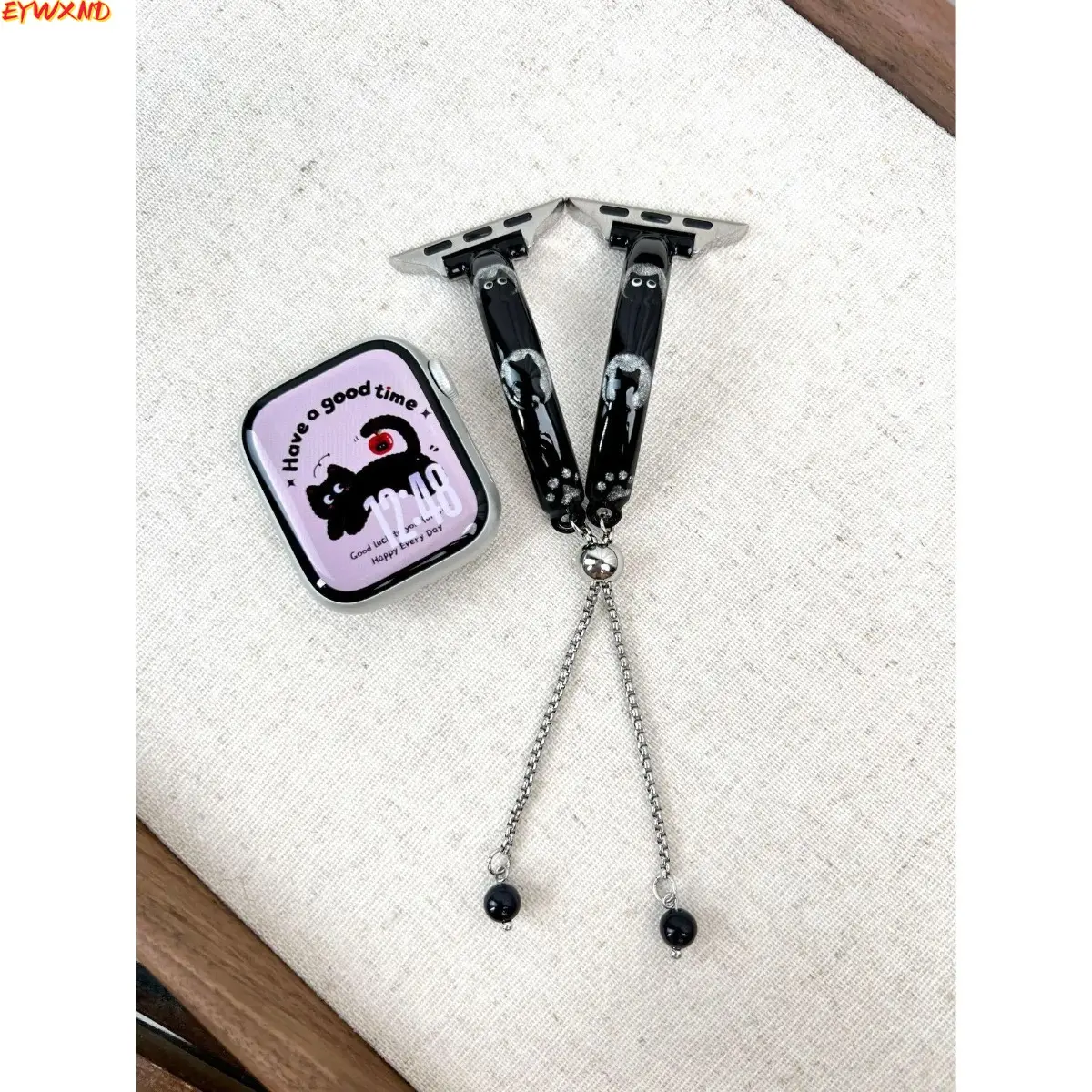 EYWXND Black Glitter Moon Cat Resin Watch Band, Beaded Pull Chain Bangle Strap, Edgy Cute Girl Wrist Accessory