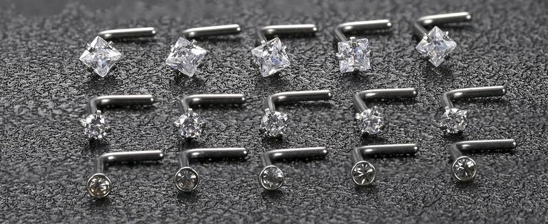 MILACOLATO Hypoallergenic Nose Rings 15count 18G 20G Surgical Stainless Steel Nose Rings Studs L Shaped Screw Studs Rings Cubic Zirconia Nose Ring Labret Lip Nose Piercing Jewelry for Women Men