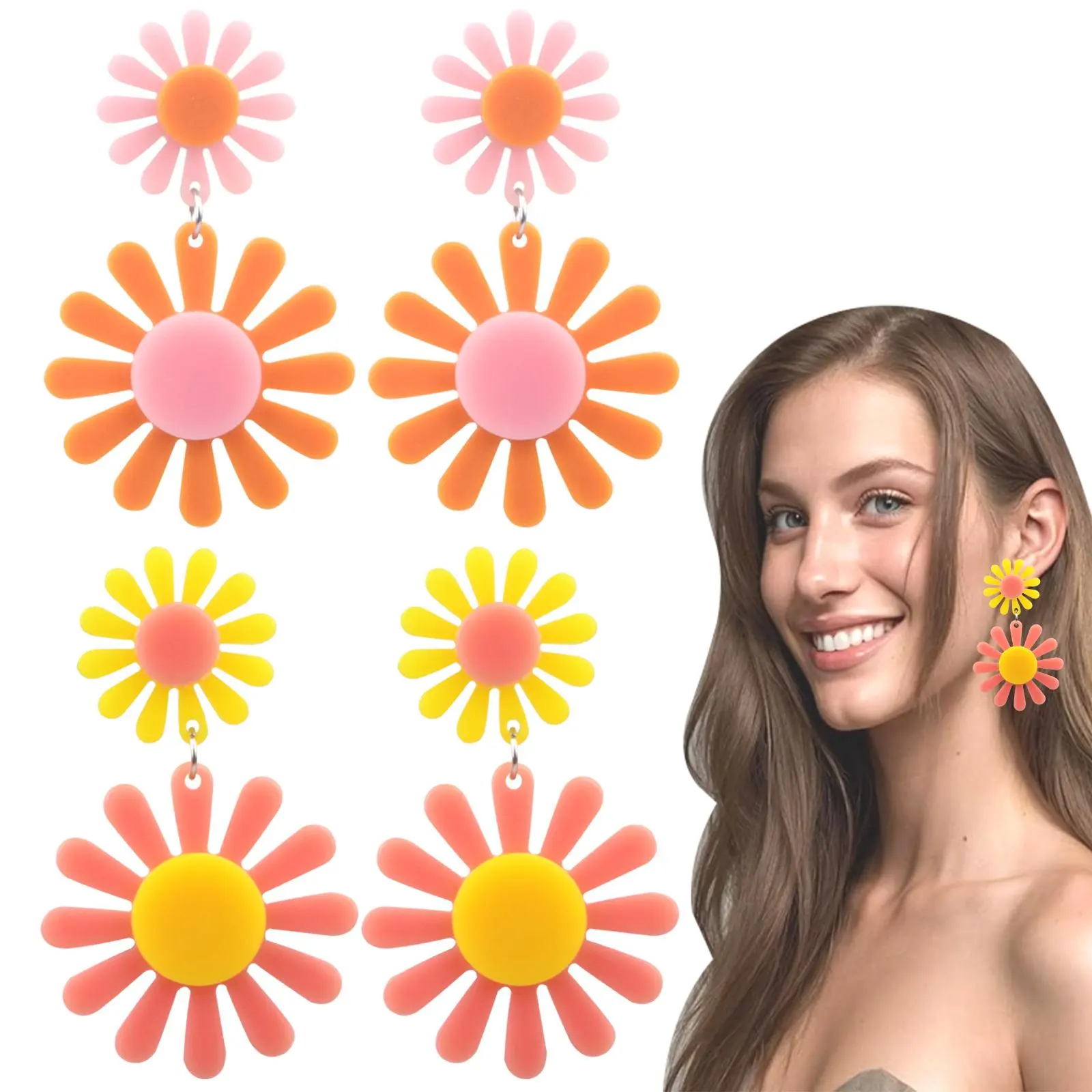 2 Pairs 60s 70s Vintage Daisyflower Earrings Colorful Disco Hippie Spring Earring Studs Acrylic Boho Style Petal Layered Daisy Dangle Drop Earrings Jewelry Gifts for Women Ladies Mom
