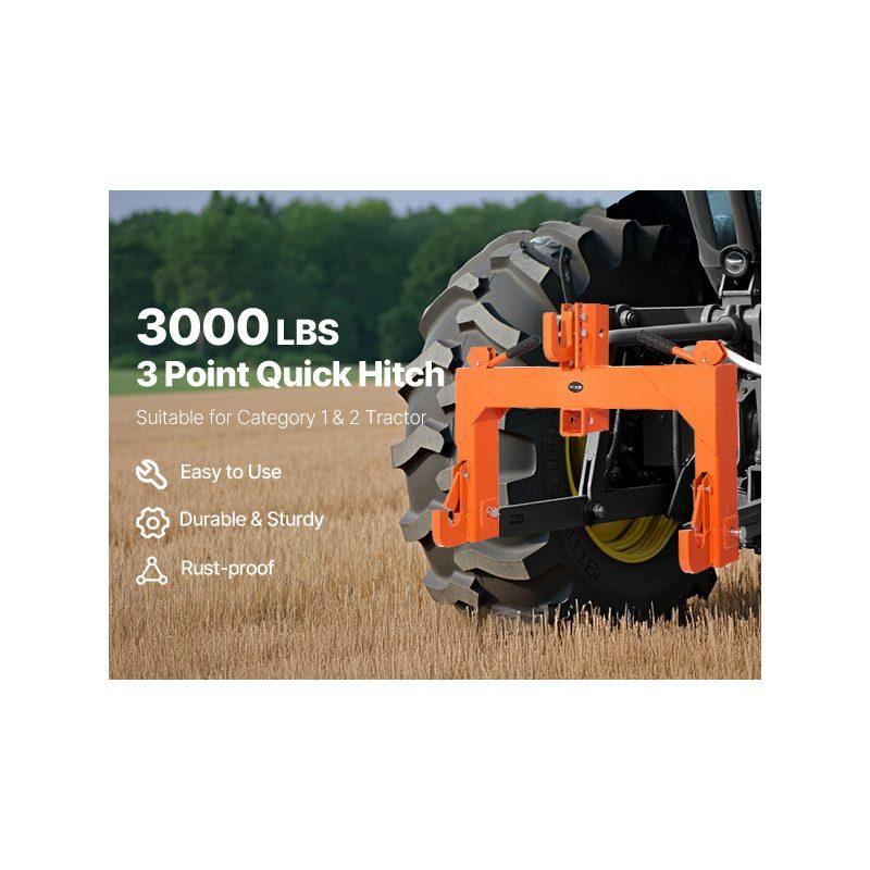 VEVOR 3-Point Quick Hitch with 2 in Receiver, 3000 Lbs Lift Capacity, 3-Pt Hitch with 5 Level Adjustable Bolt, Adaptation to Category 1 2 Tractor, Heavy Duty 3 Point Attachments, Orange