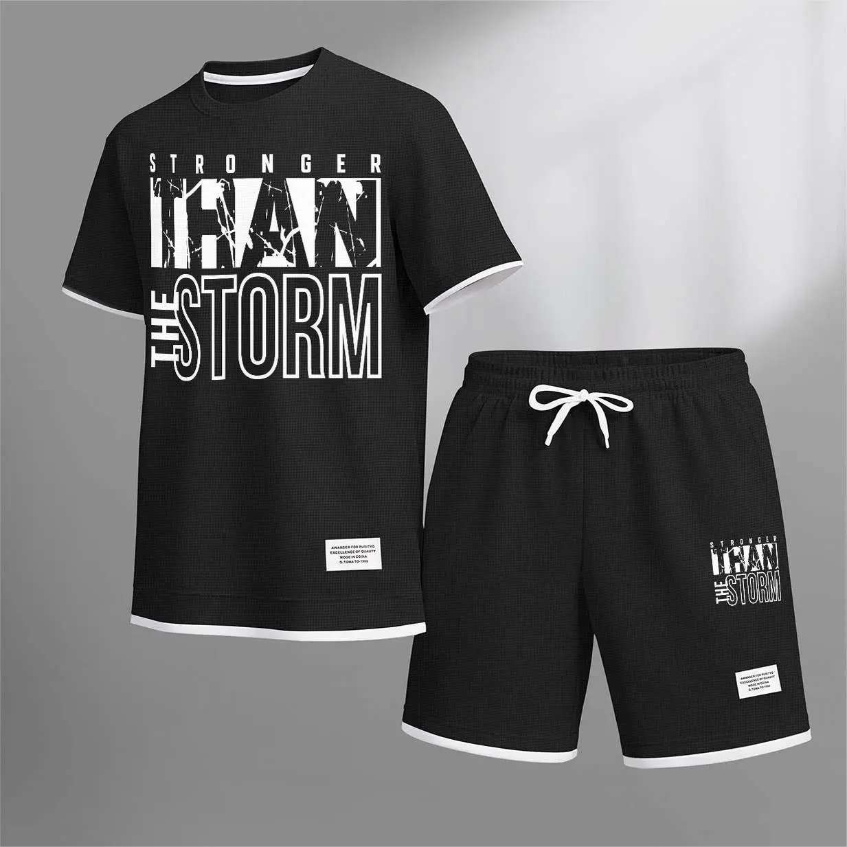 Men's 2-Piece Clothes Set - Crew Neck Graphic Print Short Sleeve T-Shirt, Drawstring Waist Contrast Trim Pants, Polyester Fabric, Casual Loose Athletic Fit, Soft Lightweight Breathable Minimalist Summer Outdoor Streetwear for Travel, Daily Wear