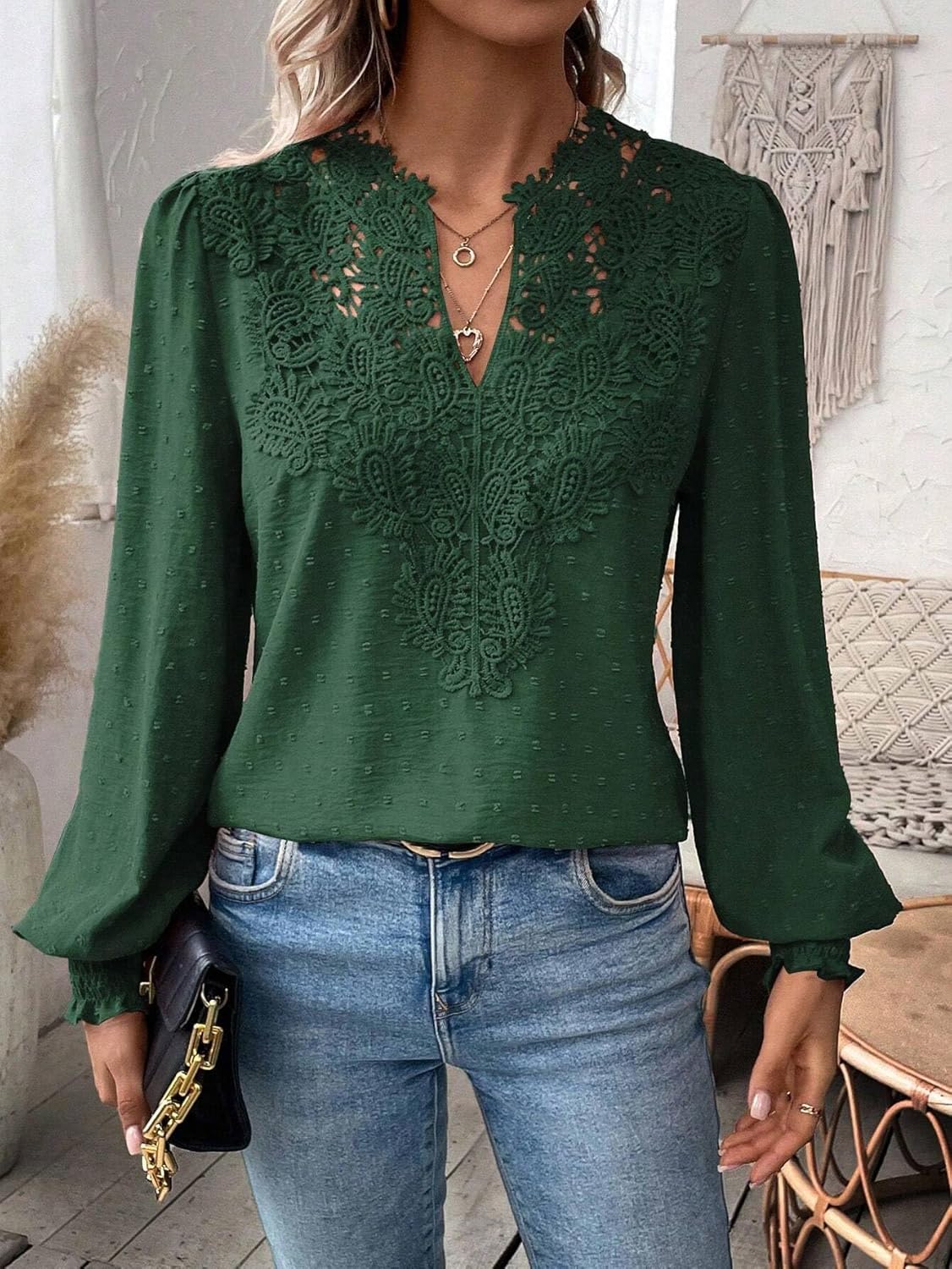 Womens Dressy Lace Blouse V-Neck Ruffle Long Sleeve T Shirt 2026 Fall Fashion Clothes Lace Crochet Casual Boho Tees Tops