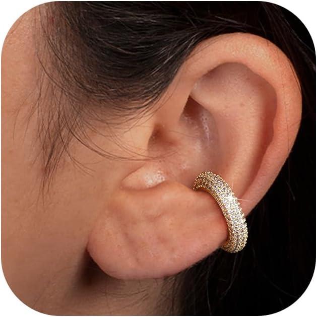 CASSIECA Ear Cuff for Women CZ Fake Helix Cartilage Earrings Fake Piercing Ear Cuff Earrings 14K Gold Clip Ear Cuff Silver Gold Sparkling Round Huggie Earrings Without Ear Piercing