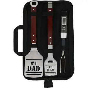 BBQ Grill Tools Set for Dad, 4 Piece Set, Number 1 Dad Tongs, Spatula, Digital Thermometer and Case
