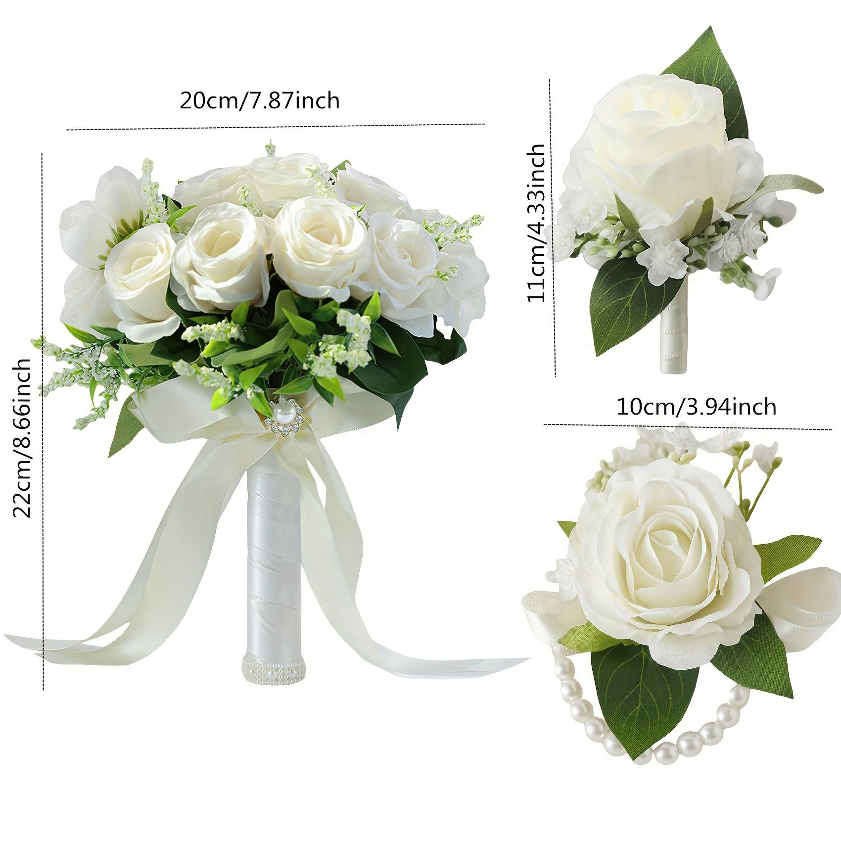 3-piece set of white rose wedding bouquets suitable for brides, elegant artificial rose boutonnieres suitable for grooms and groomsmen, wrist flowers for brides and bridesmaids, wedding decorations, wrist flowers for mothers, bridal shower hand-tossed bou