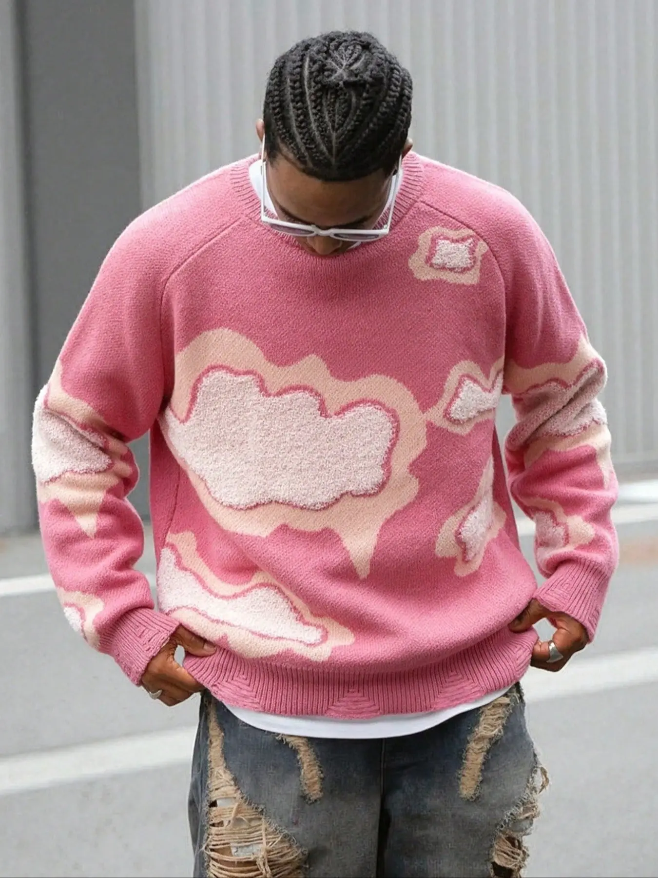 Men's Autumn Winter Casual Loose Fit Knit Sweater, Cute Cloud Pattern, Fitted Long Sleeve Round Neck Pullover, Trendy Fashion