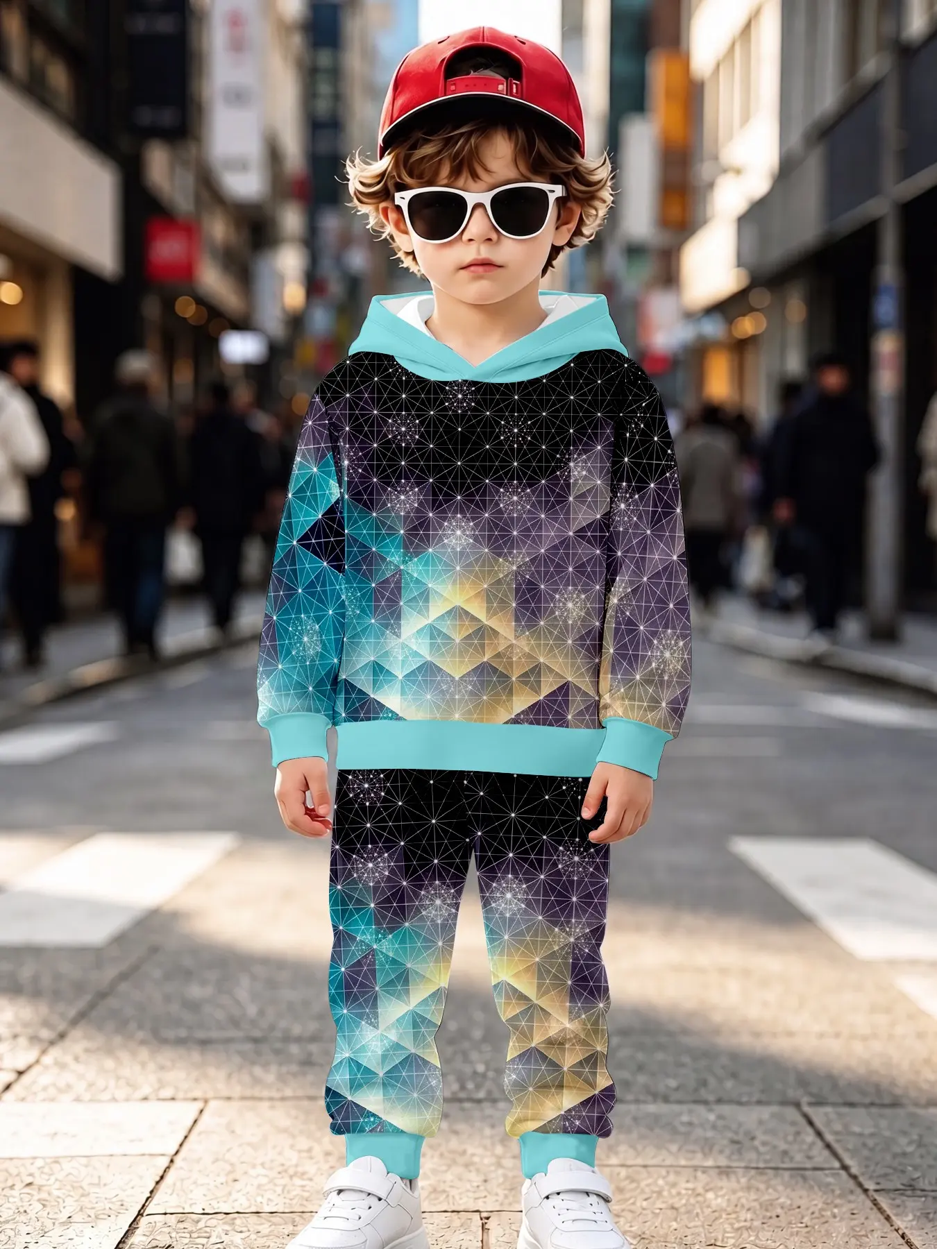 Dreamy Star Pattern Grid Hooded Sweatshirt Set, Casual Loose-Fit Long Sleeve Sweatpants, Fall & Winter