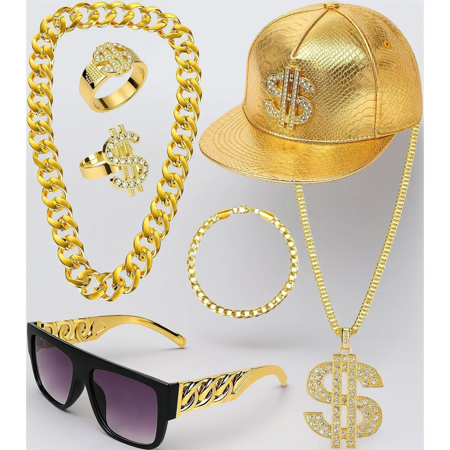 Hip Hop Costume Kit 80s 90s Rapper Accessories, Retro Outfit for Men Women Cosplay, Club and Old School Theme Party