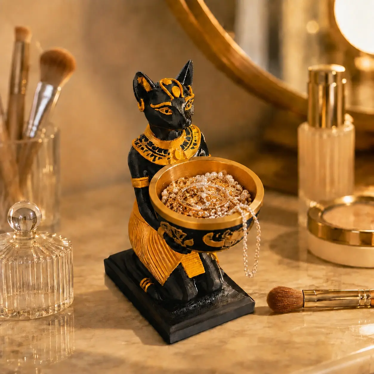 Egyptian Bastet Cat Storage Ornament, Vintage Gold Egyptian Style Sculpture, Jewelry Ring Makeup Organizer Bowl, Bedroom Bathroom Decor, Decorative Figurines
