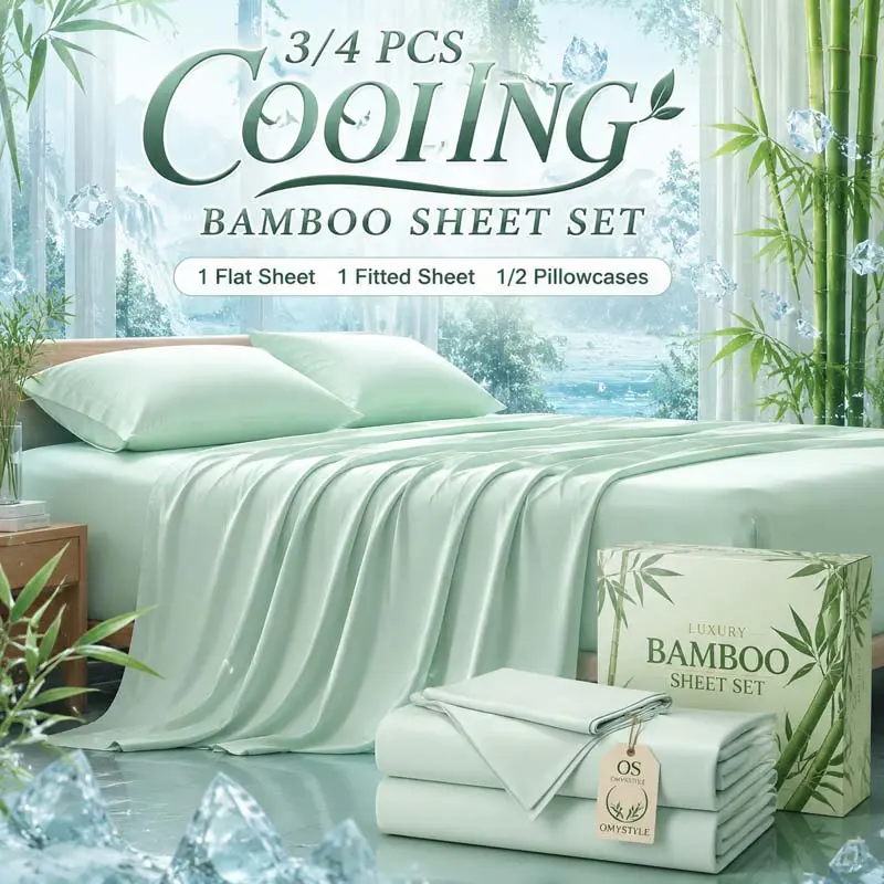 OS OMYSTYLE2200 TC Children Bamboo Bed Sheet Set, Cooling Breathable Ultra Soft Sheets, Wrinkle Fade & Shrink Resistant, Smooth Touch, 16-Inch Deep Pocket Fitted Sheet Design, Breathable Night Sweats, Oversized Summer Bedding for Kids And Gifts -
