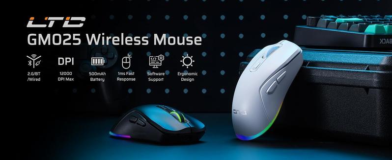 LTC GM025 Tri-Mode Wireless Gaming Mouse,12000 DPI PAW3311 Sensor, Ergonomic Mouse 2.4Ghz/BT/Wired, 6 Programmable Buttons, Customizable RGB Lighting, Pro Software