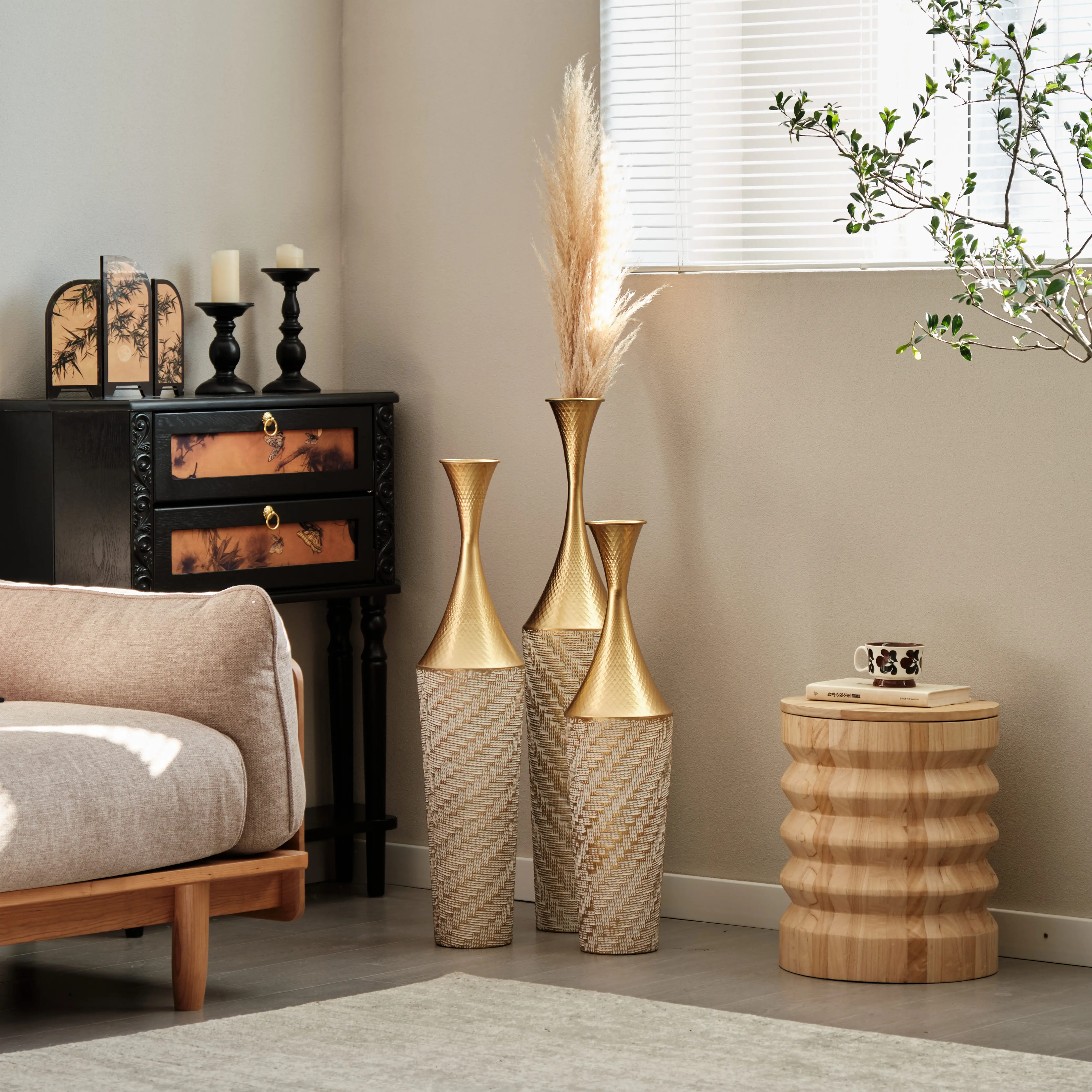 Nokaa 3-Piece Handcrafted Metal Floor Vase Set Gold White Textured Tall Vases 27.56/31.5/35.43 Inches for Living Room Entryway Modern Glam Decor for Pampas Grass Dried Flowers Housewarming Birthday Gift, Champagne Color, Metal Material