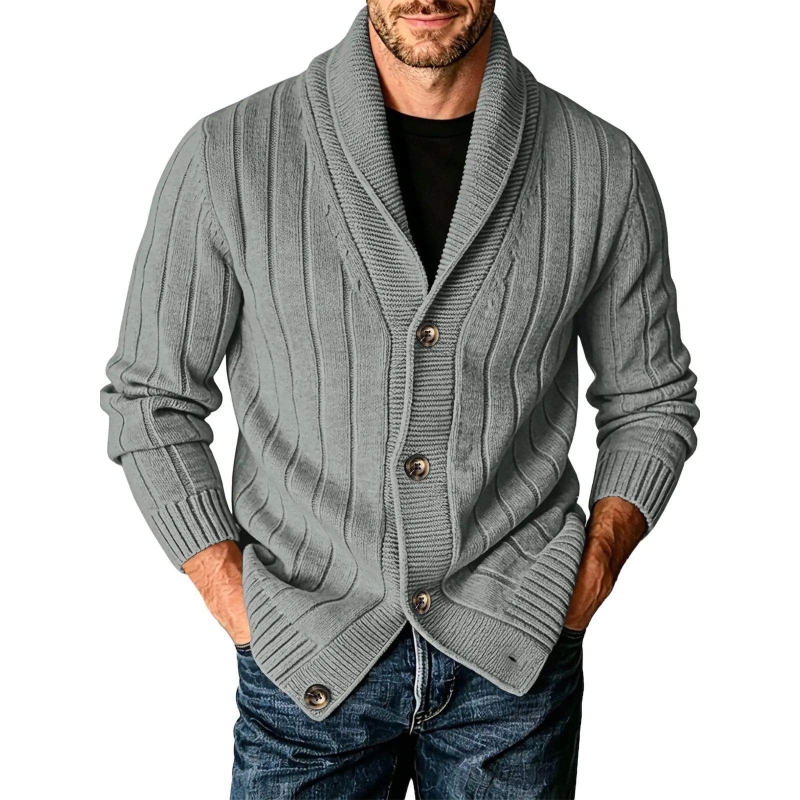 Runcati Mens Shawl Collar Cardigan Sweater Cable Knit Fall Winter Sweaters | Long Sleeve Casual Cardigans, Chunky Fall Winter Outwear, Button Down Loose Fit Sweater, Thick Textured Knitted Tops