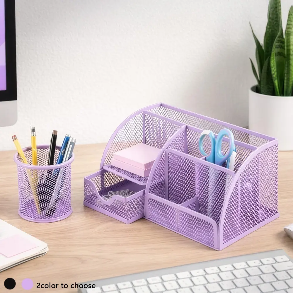 Metal Mesh Desk Organizer Set with Drawer and Pen Holder, Office Desk Accessory, Multi Compartment Desktop Storage for Office Supplies, Pens, Pencils, Stationery