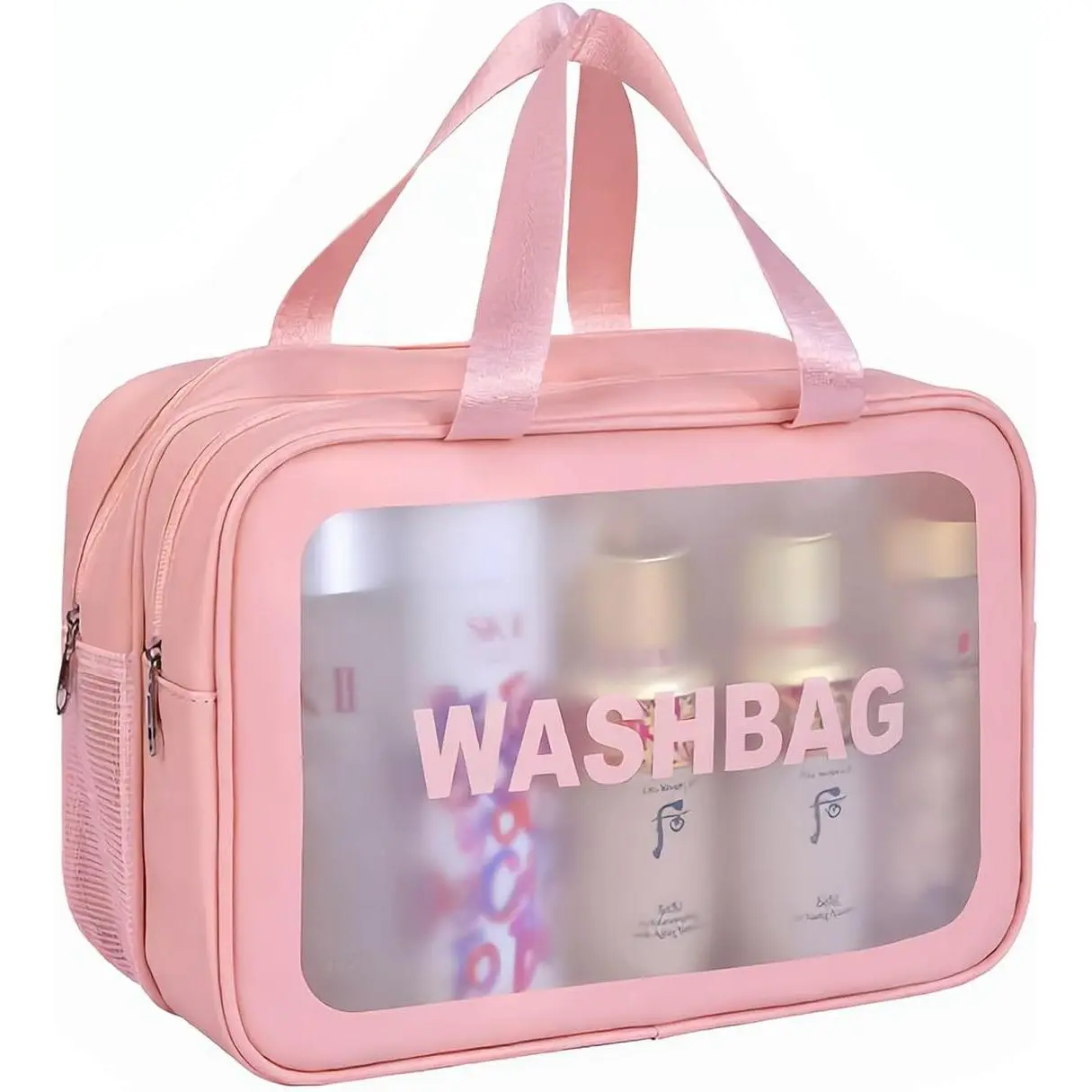 Pink Toiletry Bag Foldable Hanging Travel Bag for Women, Lightweight Toiletries Travel Bag with Wet/Dry Zones & Waterproof PVC Exterior