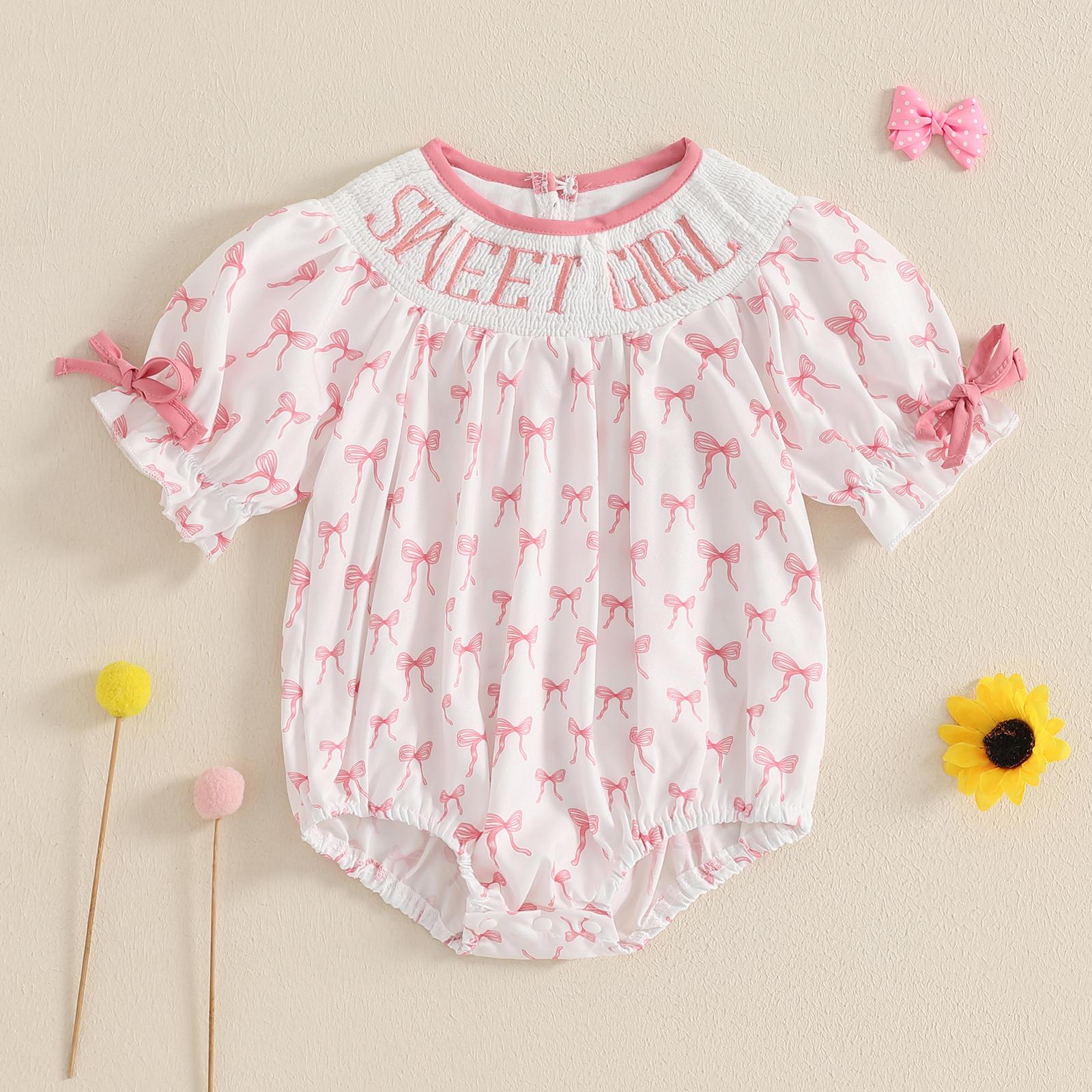 Newborn Baby Girl Summer Clothes Mama's Girl Baby Clothes Short Sleeve Smocked Letter Embroidery Romper Bow Print Bodysuit Summer Outfits
