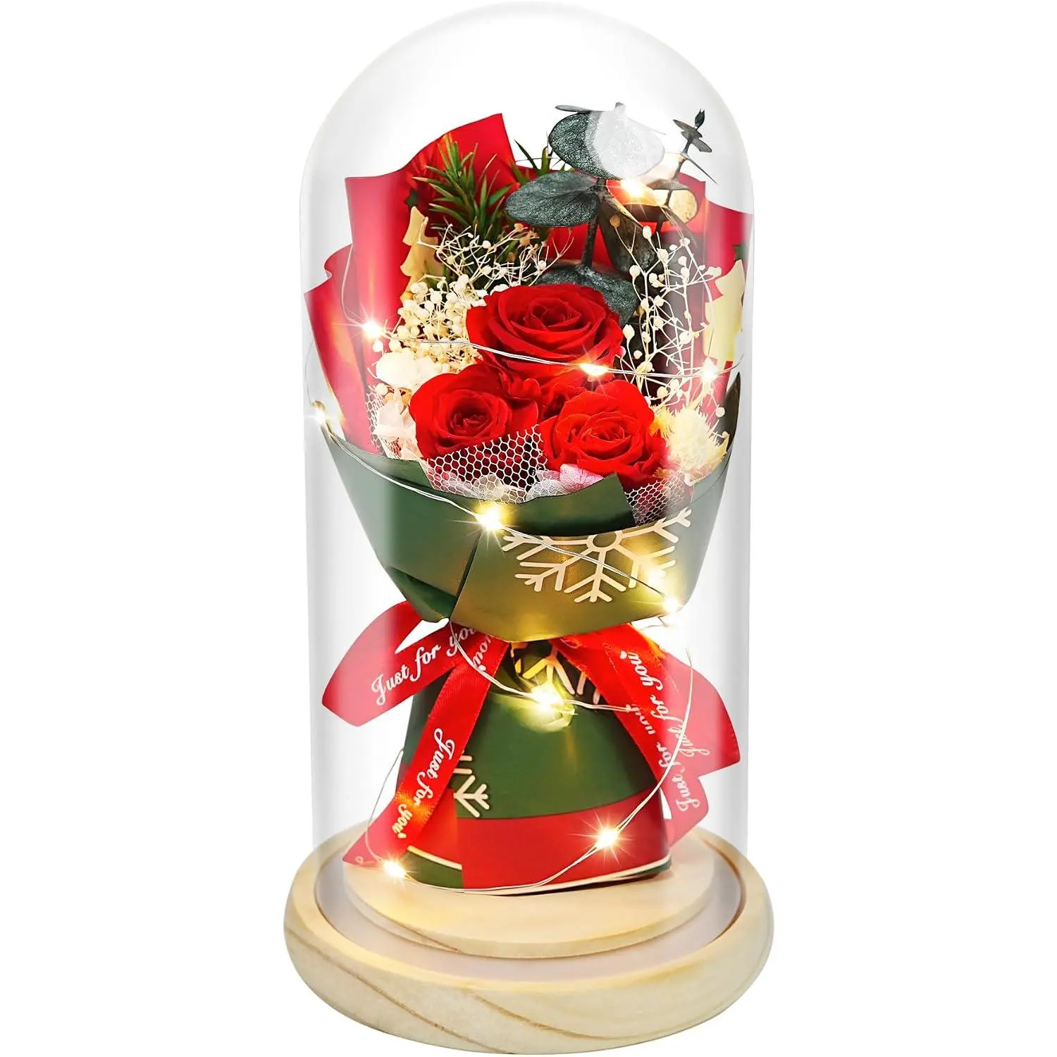 Christmas Day Gifts for Women,Preserved  Bouquet in Glass with LED Light,  Bouquets for Her,Preserved Rose for Valentine's Day,Anniversary,Birthdays,Red Rose