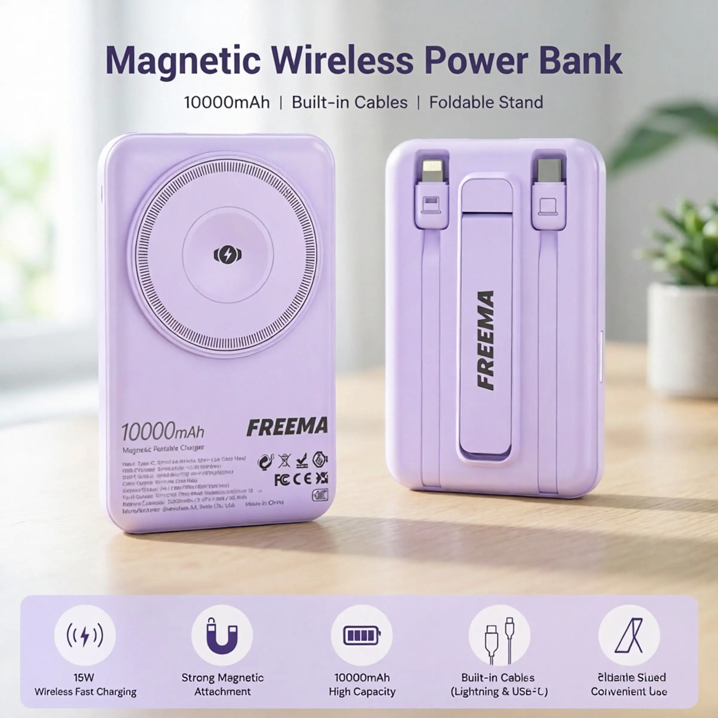 Freema 10000mah Portable USB External Battery Power Bank with LCD Display, 15w Wireless Charging, 20w Wired Charging, Stand Included, for iPhone and Android Devices