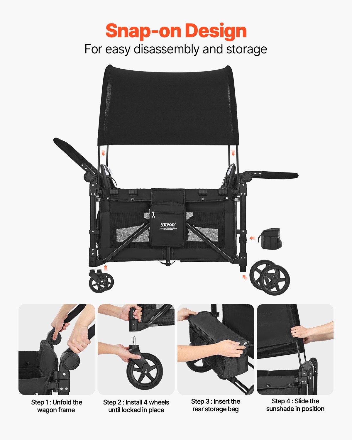 VEVOR Wagon Stroller for 4 Kids, Push Pull Quad Collapsible Stroller with Adjustable Handle, 5-Point Safety Harness & Removable Canopy, 4-Seater Stroller Wagon for Camping, Black (330LBS Loading) VEVOR Wagon Stroller for 4 Kids, Push Pull Quad Collapsible Stroller with Adjustable Handle, 5-Point Safety Harness & Removable Canopy, 4-Seater Stroller Wagon for Camping, Black (330LBS Loading)