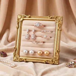 Vintage Ring Holder 4.53x4.53 in Square Gold Ring Wedding Display Suede Jewelry Box Stand Frame Earring Tray Anniversary Engagement Baroque Organizer Photograph Prop for Women Birthday Gift