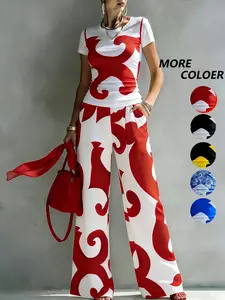 Women's Casual Two-Piece Set, Round Neck T-Shirt with Geometric Random Print, High-Waisted Pocket Wide Leg Pants, Urban Leisure