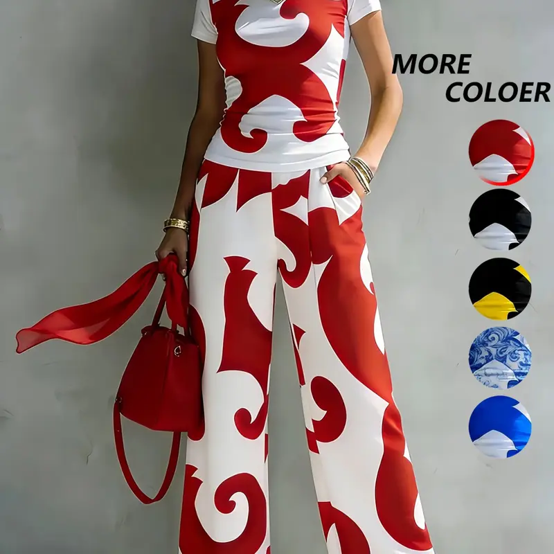 Women's Casual Two-Piece Set, Round Neck T-Shirt with Geometric Random Print, High-Waisted Pocket Wide Leg Pants, Urban Leisure, Matching, Casual Everyday Set