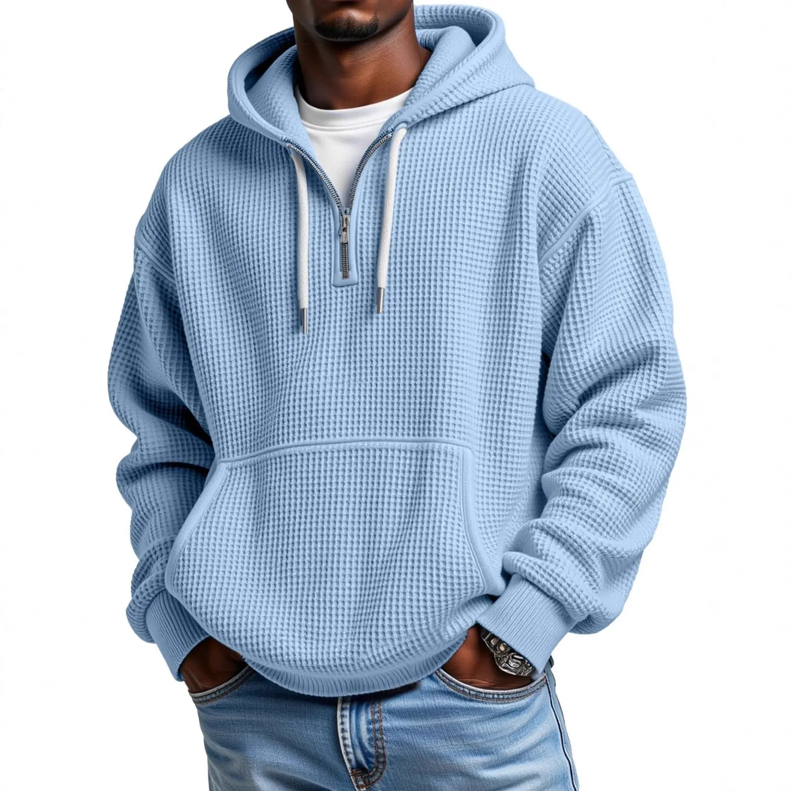 Men's Plain Longsleeve Waffle Knit Hooded Pullover Sweatshirt - Polyester Casual Sports Top Soft Cozy Streetwear with Seam Pocket Unisex Fit Daily Outdoor Menswear Hoodie Longsleeves summerwins,back to school,back to school shopping