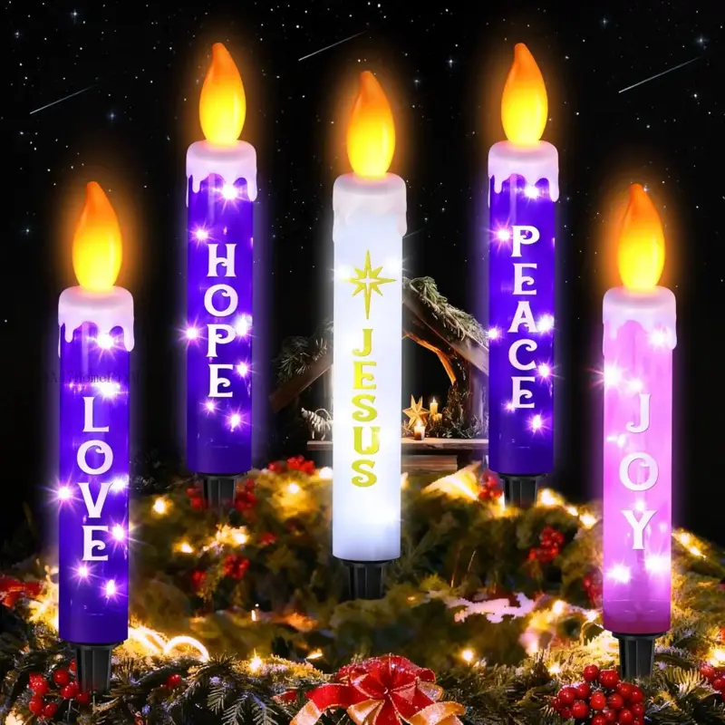 5 Pcs Christmas Advent Candles Outdoor with Ground Socket, 23 Inch Christmas Lighted Decoration Candle, White, Purple & Pink Ground 3D Advent Candles for Xmas Gift Yard Porch Stairs Garden LawnAA47HomeFixMart