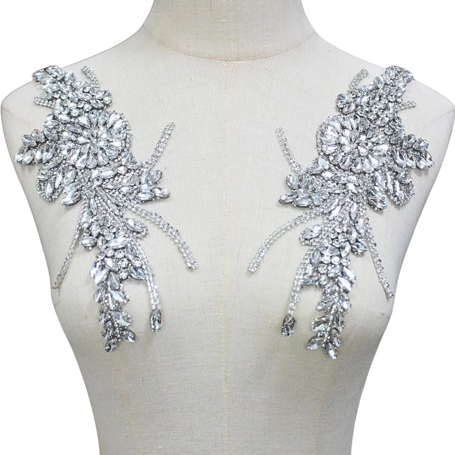 1 Pair Rhinestone Beaded Applique Patches Silver White Iron on Handcrafted Hot Fix Clothing Diamond DIY for Evening Dresses Bridal Gowns Dance Costumes Embellishments
