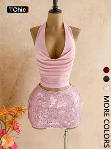 Elegant Party Set, Halter Top & Sequin Rhinestone Mini Skirt, 2-Piece Glamorous Ensemble for Special Occasions