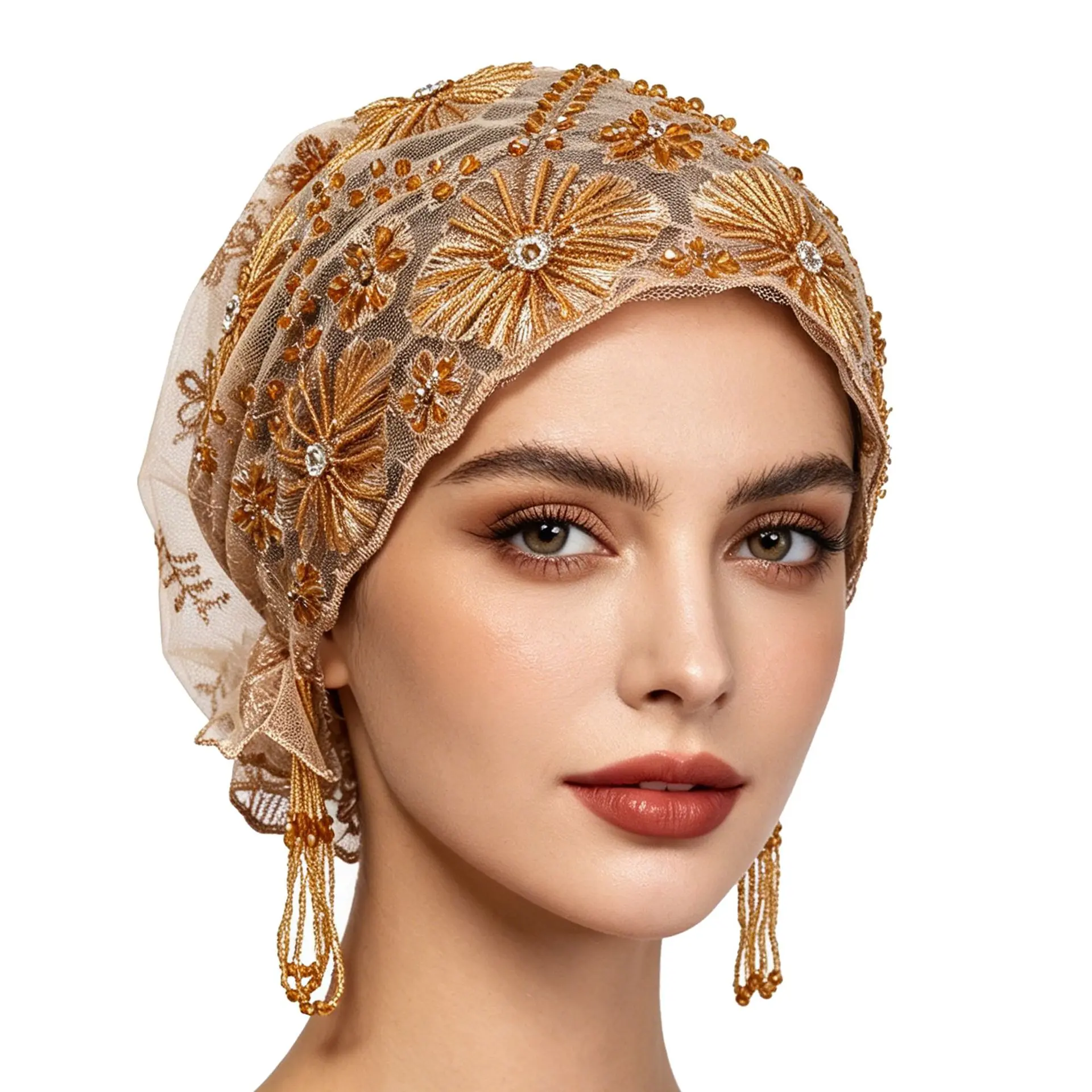Glamorous Gold Beaded Floral Embroidered Lace Turban Headwrap Non Slip Full Coverage Stretch Bonnet Cap Vintage Gatsby Party Beaded Tassel Modest Hair Cover