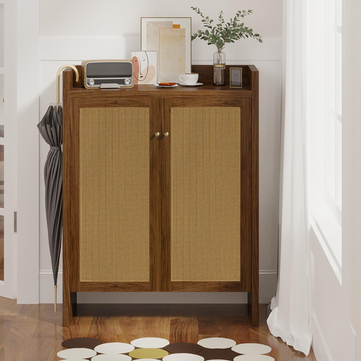 42.5" Tall Rattan Shoe Cabinet with Doors, 6-Tier Shoe Storage Cabinet with Adjustable Shelves, Wooden Freestanding Shoe Organizer Shoe Cabinet for Entryway,Hallway,Living Room (Walnut)