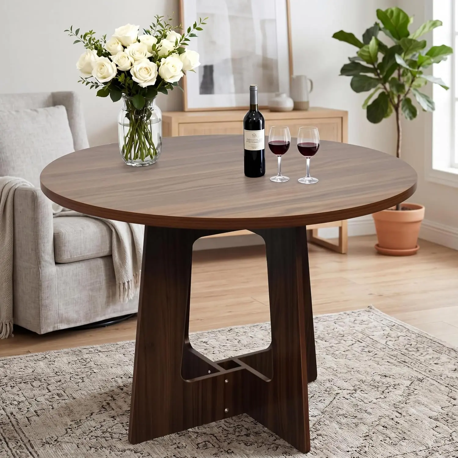 43.3" Round Dining Table for 4 People, Farmhouse Wood Round Kitchen Dinner Table, Multipurpose Casual Table For Dining Room, Kitchen, Apartment & Living Room, Overall Dimension, Waterproof Scratch Resistant Home Furniture(43.3”L×43.3”W×30.7”H, Table Only)
