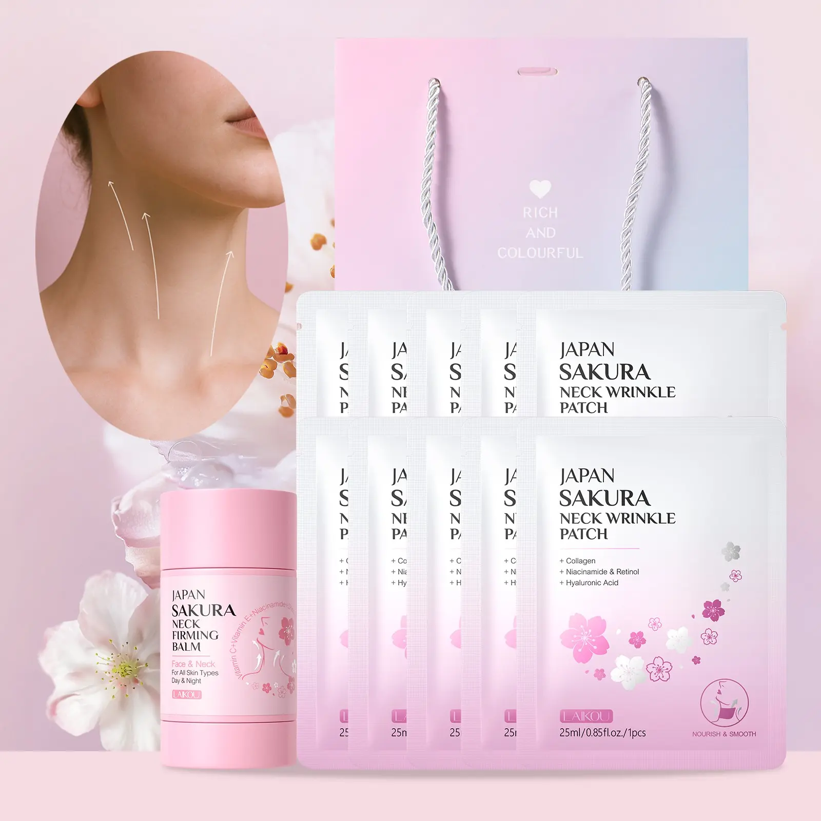 LAIKOU Japan Sakura Neck Cream and Neck Patch Set, Neck Firming Balm 40g & Smoothing Hydrating Moisturizing Neck Mask 10Pcs,Sakura Neck Care Routine Kit for Smoothing Fine Lines, Moisturizing & Brightening Dull Skin