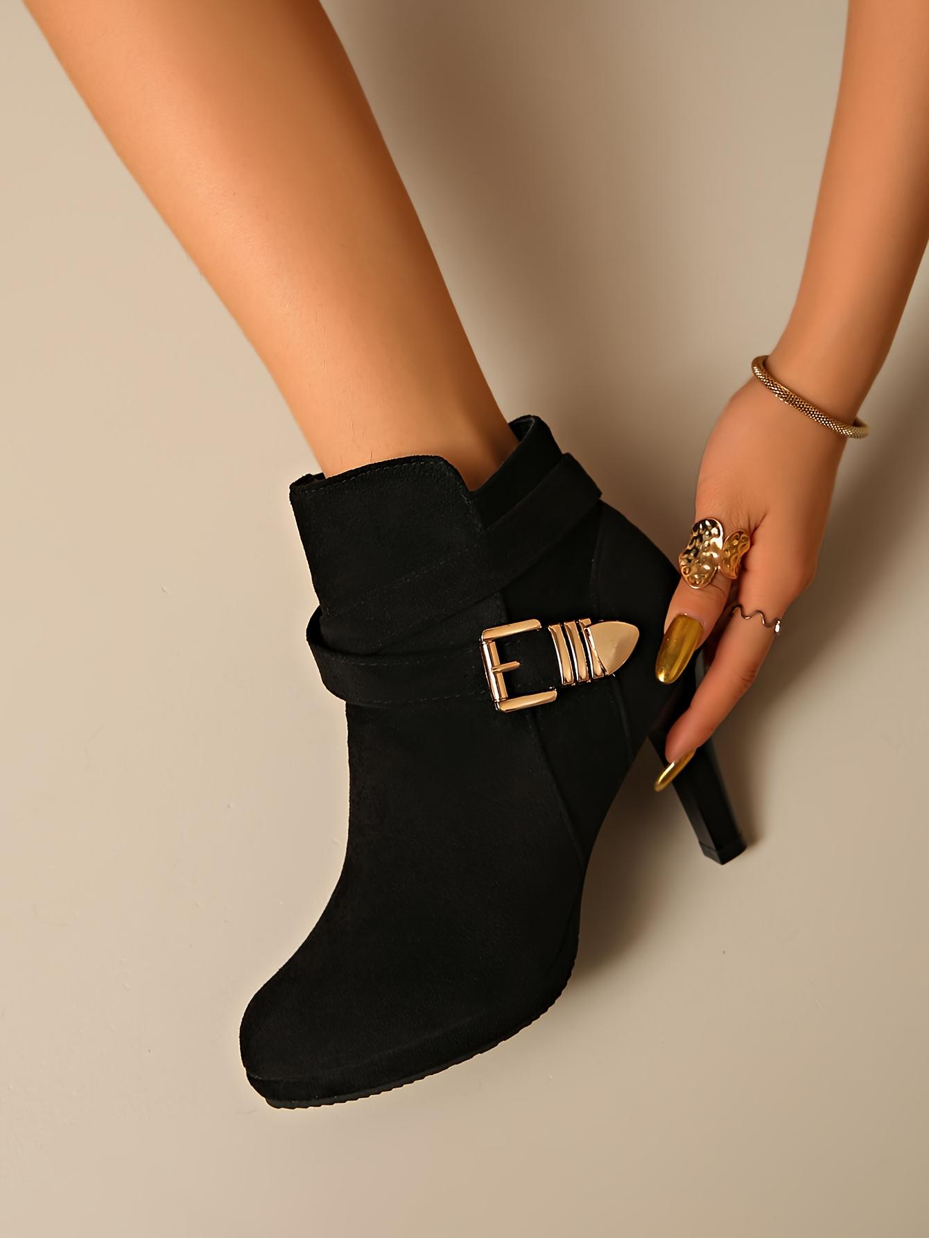 A Pair of Women's High Quality Platform Chunky Heel Side Zipper High-Heeled Ankle Booties, Women Shoes