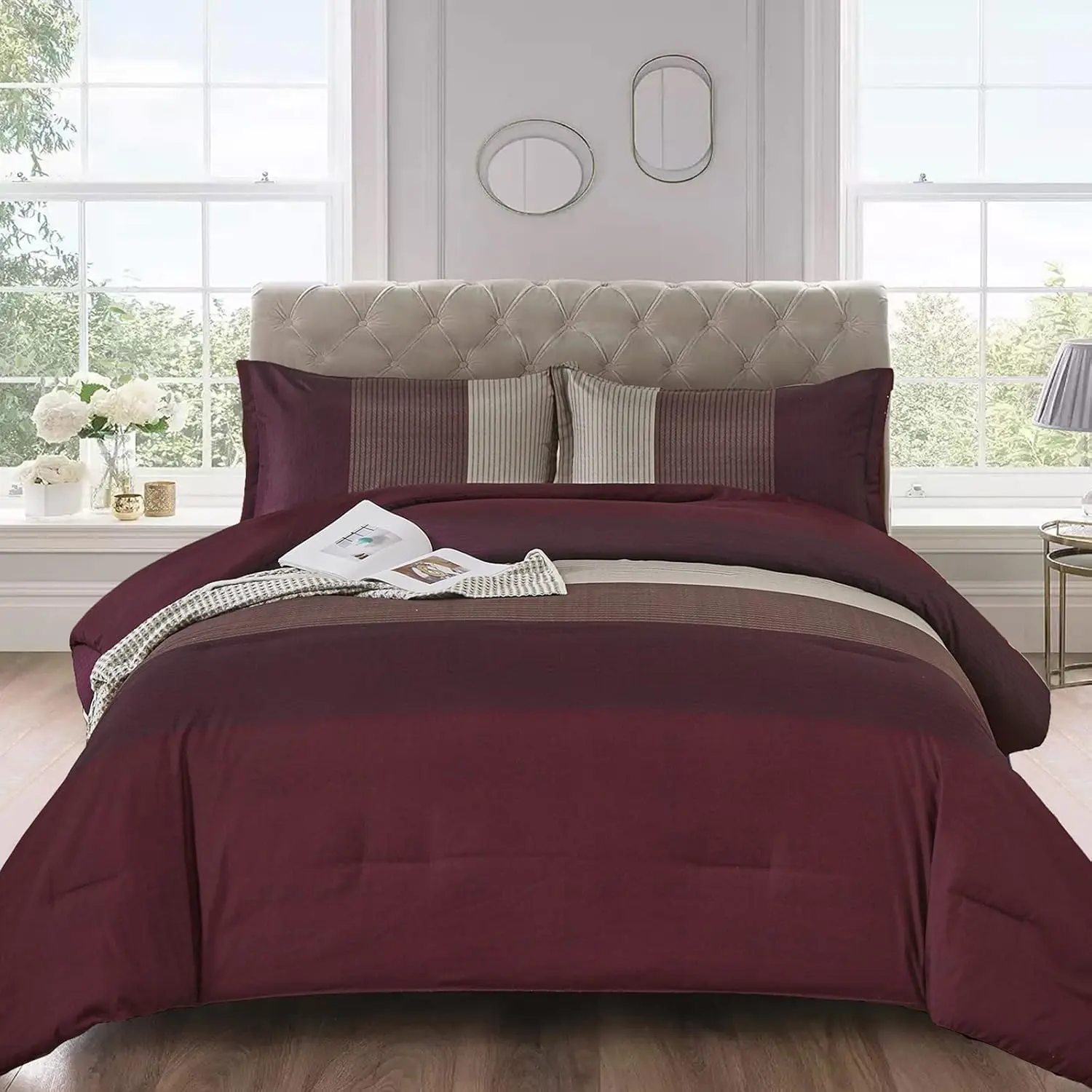 Burgundy Striped Queen Comforter Set - 3-Piece All Seasons Bedding (1 Breathable Down Alternative Comforter, 2 Pillowcases) with High Density Stitching, Soft Microfiber Duvet Set 90"x90"