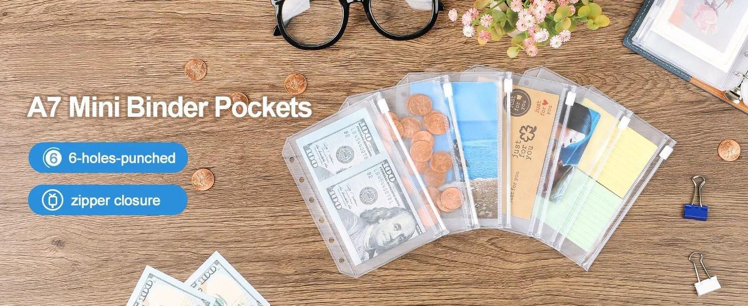 16PCS A7 Mini Binder Pockets 6 Holes Cash Envelopes for Budgeting, Clear Zipper Coin Money Pouch Loose Leaf Bags Waterproof PVC Insert for A7 6-Ring Budget Binder