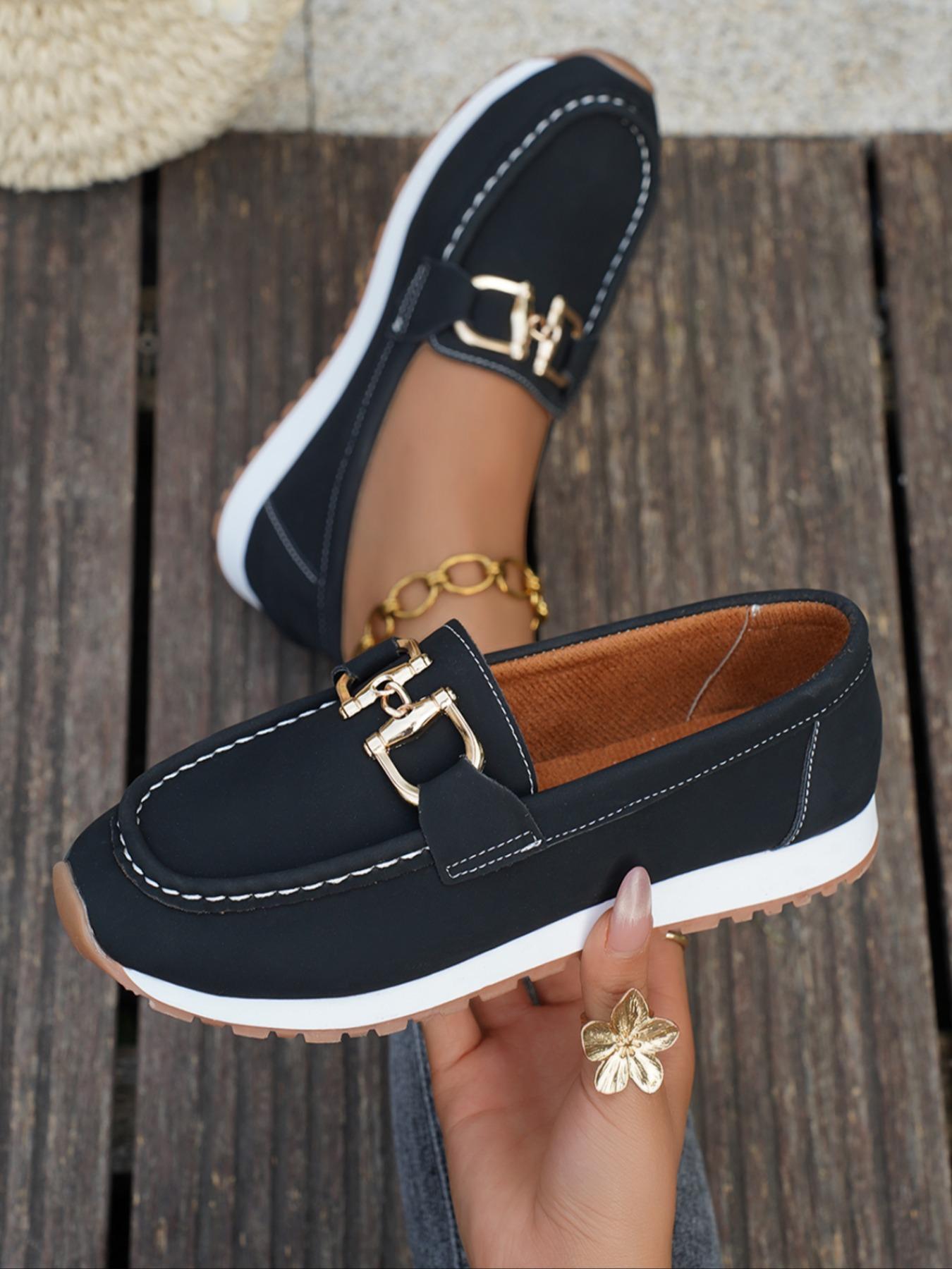 Women's Casual Slip-On Round Toe Loafers, PU Leather Comfortable Wedge Heel Shoes, Metal Buckle Decor, All Season Footwear