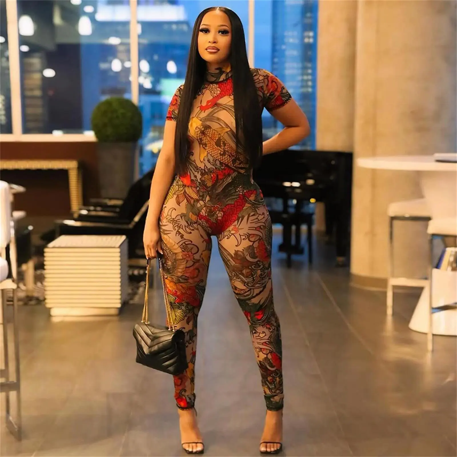 Women's 2026 Sexy Backless Printed Sheer Mesh Jumpsuit, Fashion See Through One Piece Long Pants Outfit for Club Party Nightclub