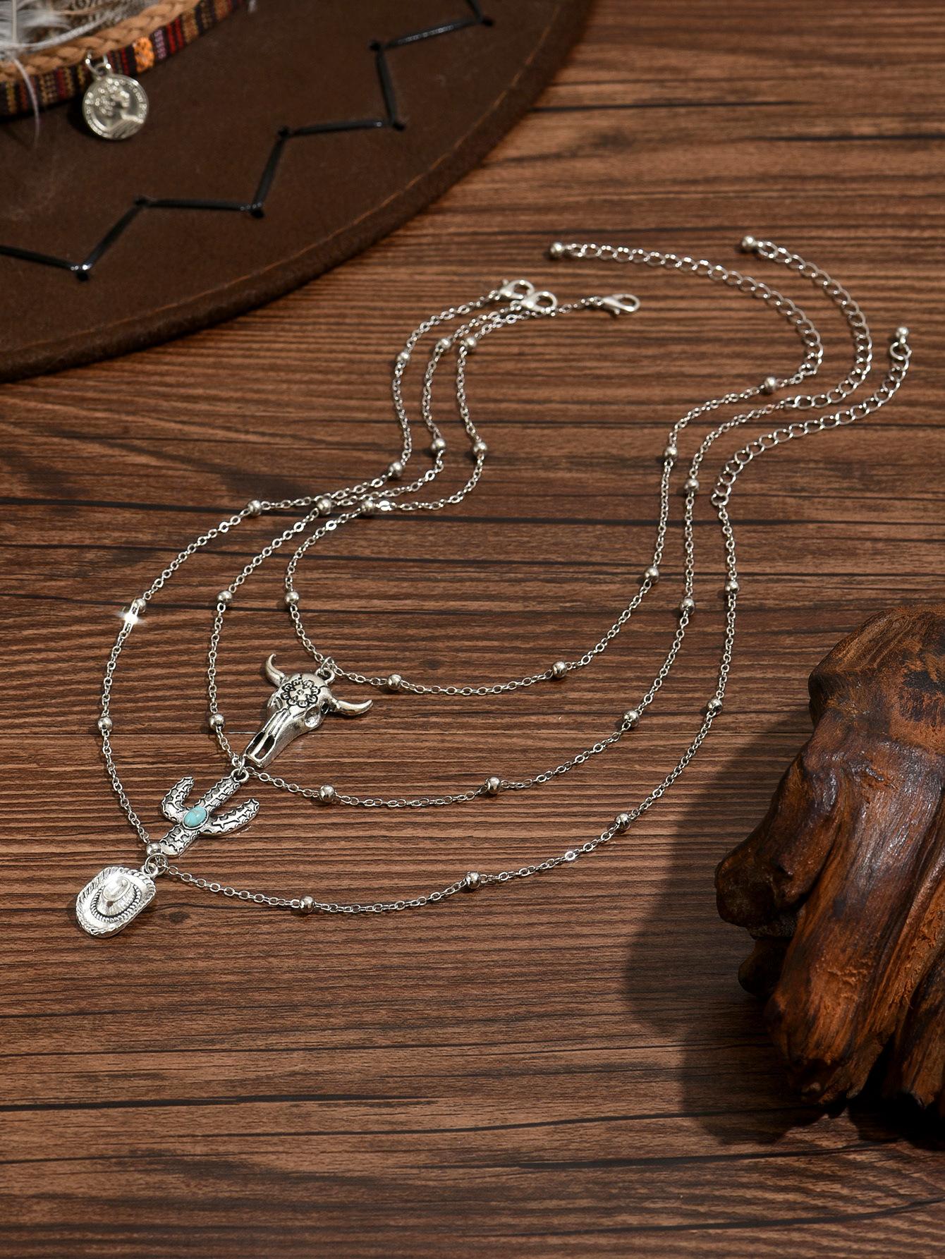 Boho Western Cowboy Set, Ethnic Cactus Bull Head Necklace for Women, Unique Fashion Accessory, Perfect for Stylish
