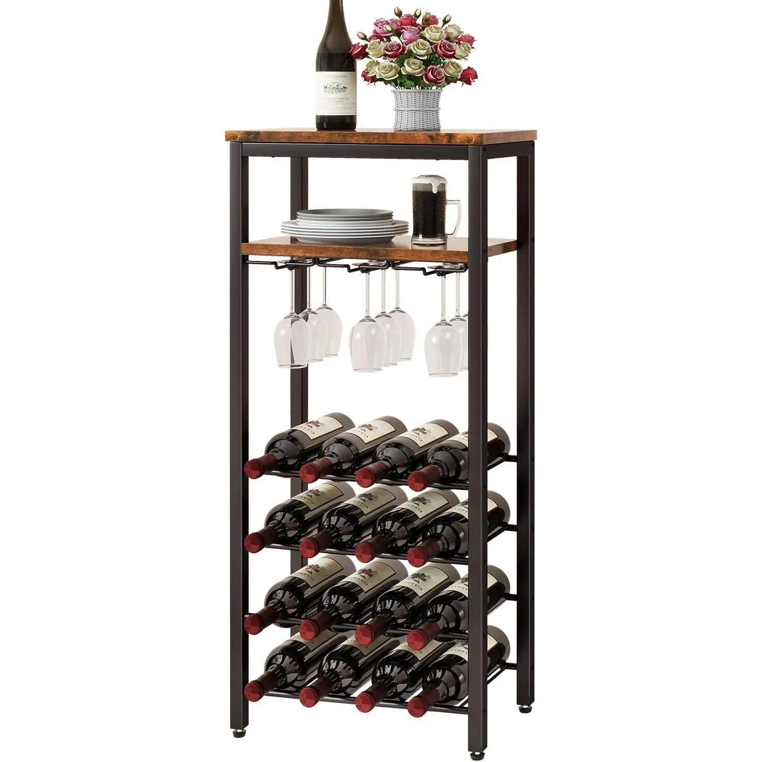 Freestanding Wine Racks with Glass Holder,16 Bottles,Brown TMJ907H | Wine Racks Freestanding Floor Liquor Bottle Holder Wine Cabinet with Glass Holder Wine Holder Display Mini Wine Bar Table